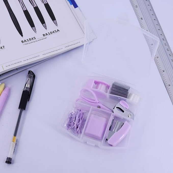 Mini Office Supply Kits Small Stapler for Student Office Purple | Includes Mini Stapler,Scissors, Staple Remover, Staples, Tape Dispenser for Gift (Purple)