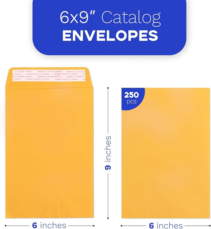 Goefun Manilla Envelopes 6x9, 250 PCS | Self Seal, Catalog Envelopes, For Mailing, 100GSM Paper, Brown Kraft