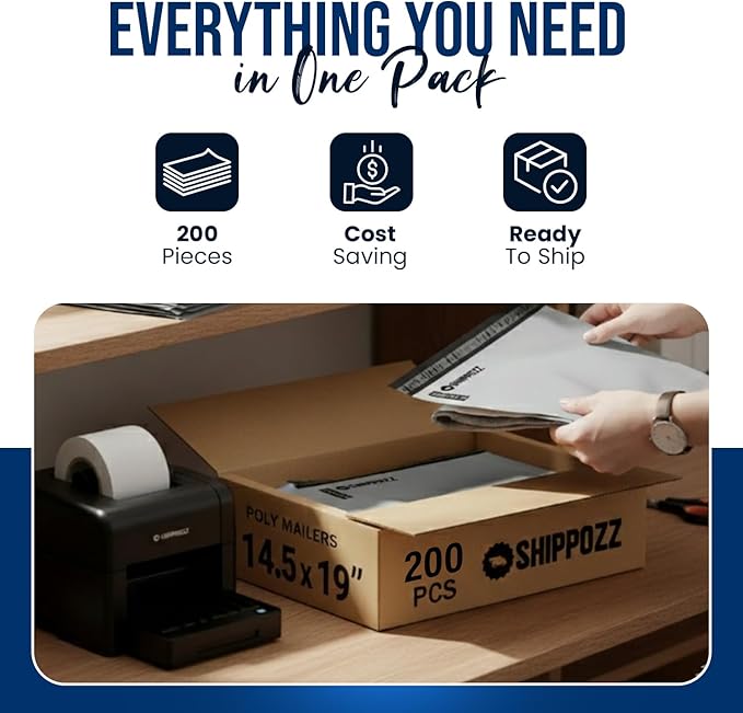 Shippozz 14.5x19 Poly Mailers 200 Pack, Durable Waterproof Polymailers for Shipping Clothes, Self Seal Mailing Bags for Small Business Packaging Supplies, Mailing Envelopes for Books, and Accessories