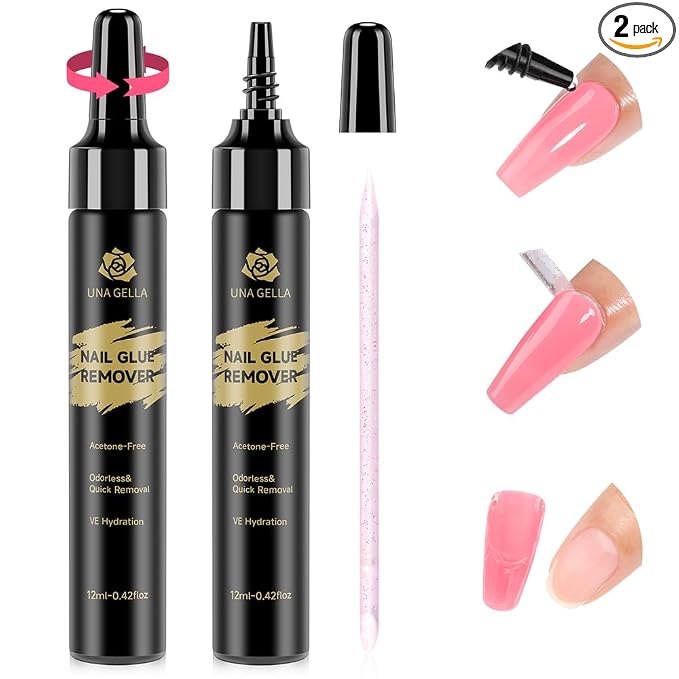 UNA GELLA Quick Removal Gel Nail Glue Remover for Press On Nails 12ml*2pcs | Acrylic Nails Semi Solid Nail Glue Acetone-Free Not for Gel Polish Base Coat Soak Off Remover Kit Drip Use
