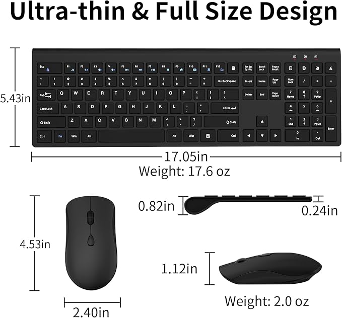 Slim Silent Full Size Wireless Keyboard Mouse Combo Black | With calculator key, 2400 DPI quiet mouse, USB cordless set, compatible with Windows, Mac, Laptop & PC