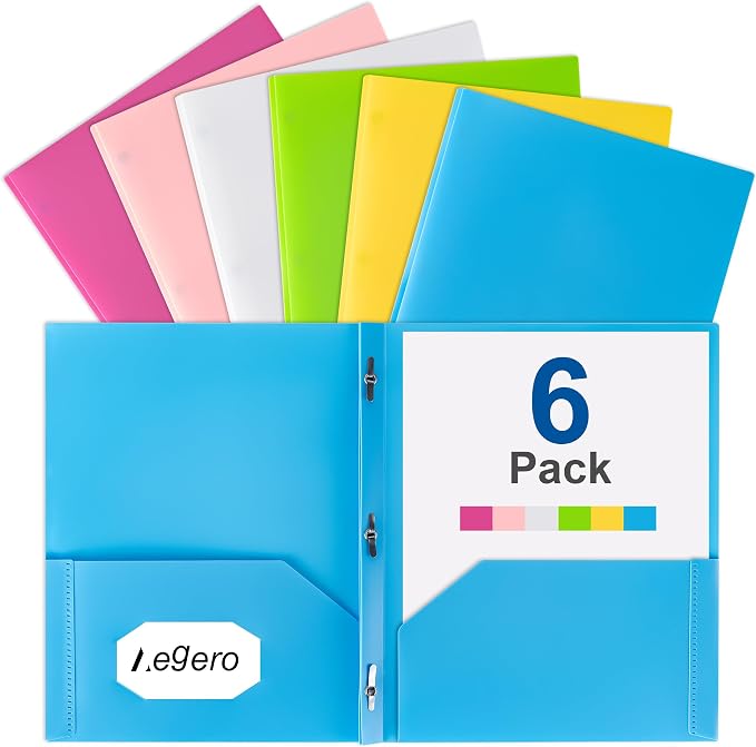 Folders with Pockets and Prong with Fasteners (6 Pack, Fresh Color) | Durable Plastic Pocket Folders with Prongs,Tear Resistant,2 Pocket 3 Prong Folders for Schoolwork & Office,Letter Size