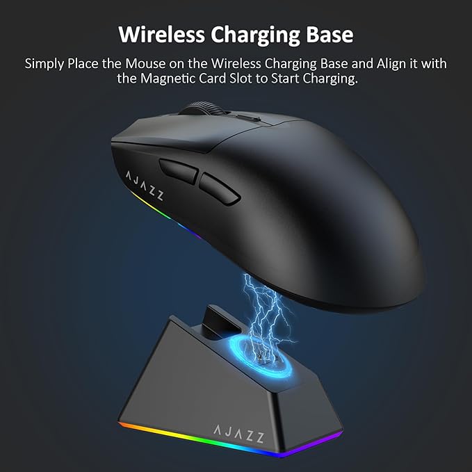 AJAZZ AJ139 V2 MC Wireless Gaming Mouse with RGB Charging Dock, 66g Ultra-Lightweight Tri-Mode Optical Mouse, 12000 DPI PAW3311 Sensor, Ergonomic Rechargeable Gaming Mouse for PC/Mac - Black