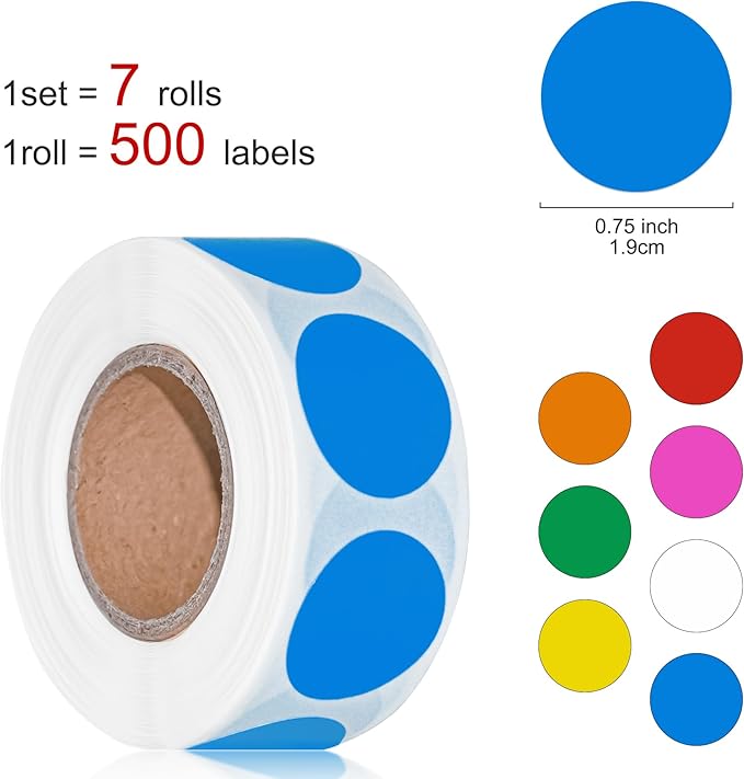 Hoewina 3500 Pcs Colored Dot Stickers, 3/4" Label Sticker Round Color Coding Labels Circle Dots Labels Circle Stickers for Office,Classroom,Family（Etc - 7 Colors, 500 Labels/Roll）