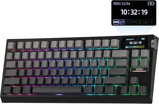 EPOMAKER G84 PRO Wireless Gaming Keyboard w/Screen&Knob, Shine Through | 8000mAh, Hot-Swap, BT5.0/2.4G/USB-C Mode, RGB, 75% Creamy Mechanical Keyboard for Gamers/Office (Black, Creamy Jade Switch)