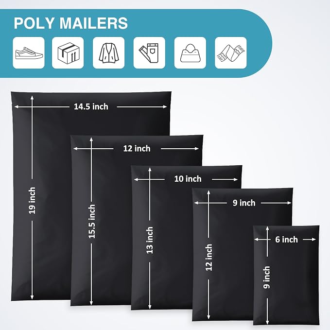 UCGOU 60 Pack Not Padded Black Poly Mailers Variety Pack, 6x9 Inch & 9x12 Inch & 10x13 Inch & 12x15.5 Inch & 14.5x19 Inch Mailing Bags, Self-sealing Adhesive Mailers Assorted Sizes for Small Business
