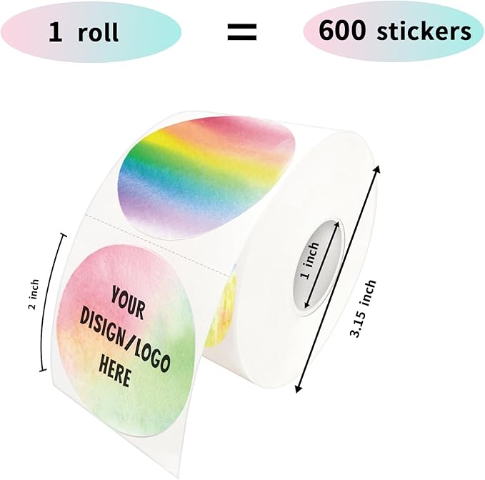 2 Inch Rainbow Round Self-Adhesive Thermal Labels - Multi-Purpose Roll Sticker Labels for DIY Logo Design, QR Code, Name Tag(600 Labels, 1 Roll)