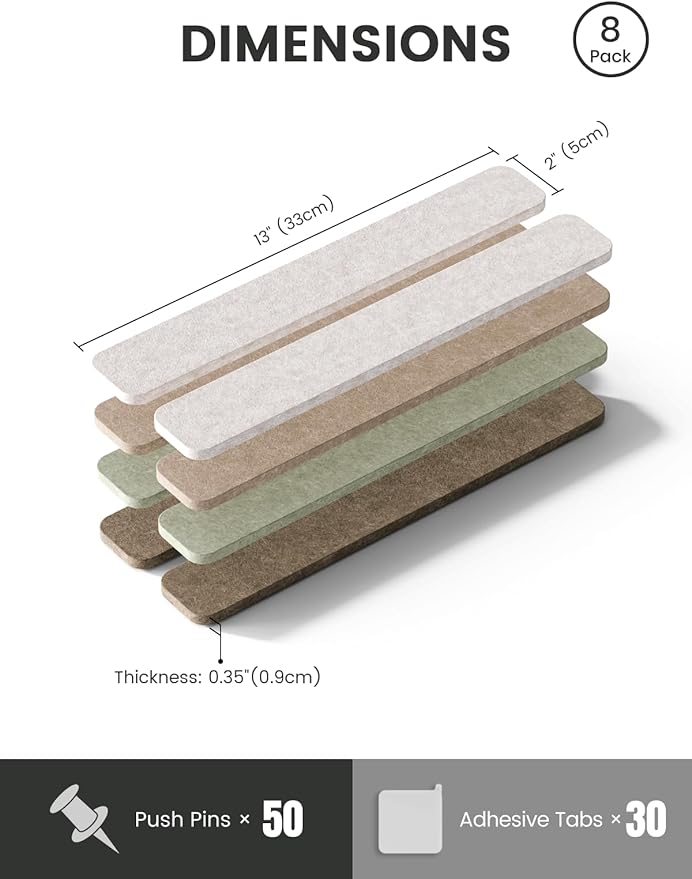 Fluxynara Cork Board Alternative Felt Strip Board 8-Pack 13"x2", Office Pin Board with 50 Push Pins, Adhesive Install for Bedroom Door & Home Office(Linen Dusk)