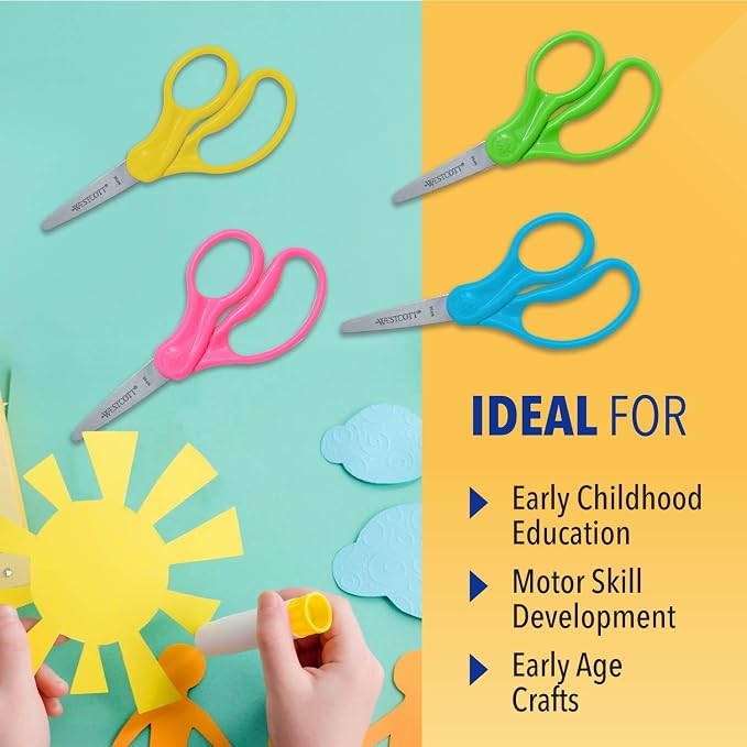 Westcott Right & Left-Handed Scissors For Kids - Back to School Essentials, Classroom Must Haves, Art Supplies - 5-Inch Pointed Safety Scissors - Assorted Colors - 1 Pack (13131)