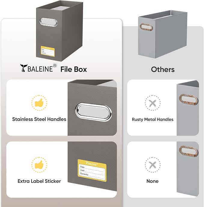BALEINE File Organizer Box, Cardboard File Folder Organizer with Handle for Letter Size, Portable Collapsible Hanging Filing Box for Home Office Document Storage (4 Pack, Brown)