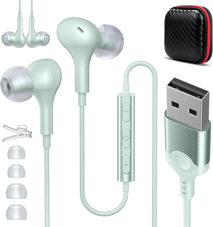 ASKUBSKU USB Earbuds Wired with Microphone for PC 7.5 Ft Cable, Green | USB Headset for School Computer Class, Wired USBA Headphone with Mic Stereo Cord Laptop Earphone for HP/Dell/Surface Meeting
