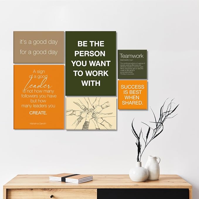 YEOION Army Green Motivational Teamwork Office Wall Decor,Inspirational Team Work Wall Art Canvas Frame Artwork for Office Workplace Breakroom Wall Decor Set of 6