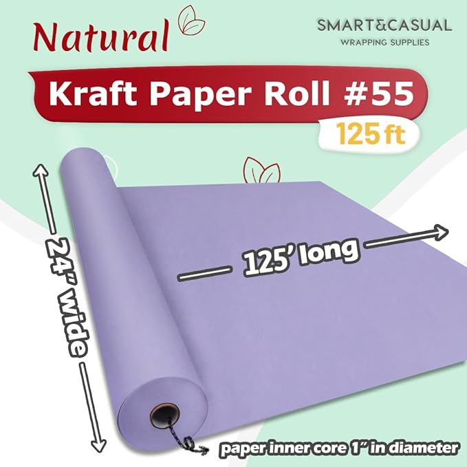 SMART&CASUAL 24" x 1,500" (125') Light Purple Kraft Craft Paper Roll for Gift Wrapping Bulletin Board Bouquet Flower Kids Art Packing Parcel Table Covering 80GSM 55LB (Light Purple, 24" x 125')