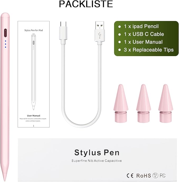 Stylus Pen for iPad 2018-2025, 15 Mins Fast Charging Pencil (1st Generation) with Tilt Sensitivity Magnetic Digital Pens for iPad 6-11, Air 3/4/5/M2/M3, Mini 5/6/7, Pro 11"/12.9"/M4/M5 (Pink)