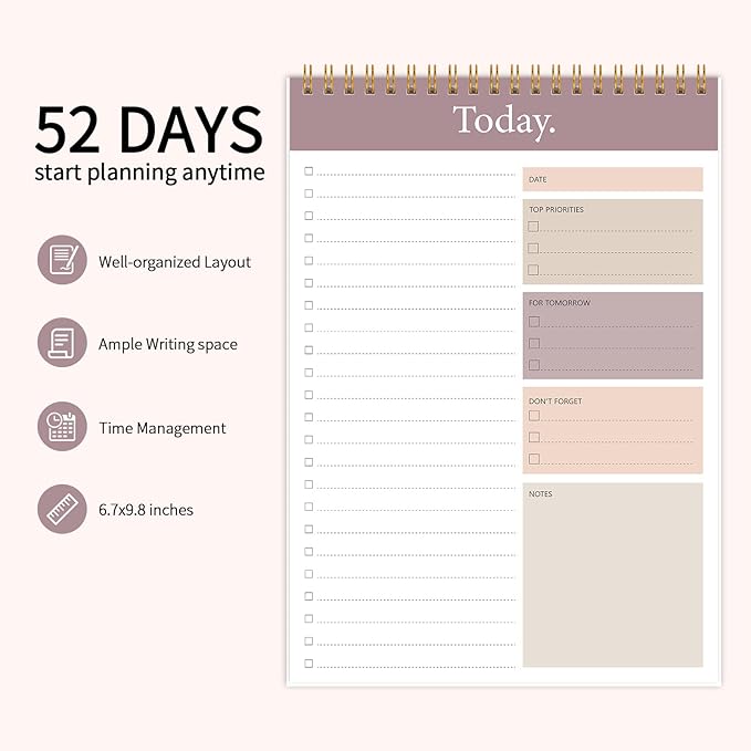 KMQOY To Do List Notepad - Daily Planner Pad Undated 52 Sheets Spiral Today Planner Note Pad Premium Thick Paper 6.5" x 9.8" For Work and Personal Organized - brown