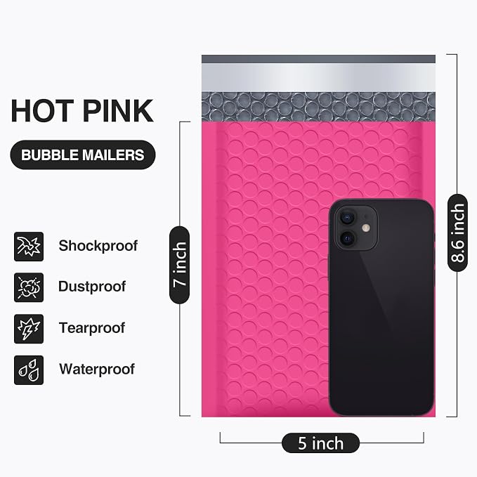 UCGOU Bubble Mailers 5x8.6" Usable Size 5x7" Padded Mailer Hot Pink 50 Pack | Waterproof Lightweight Mailing Packages,Opaque Self Seal Adhesive Boutique Padded Shipping Bags for Jewelry Makeup Supplier