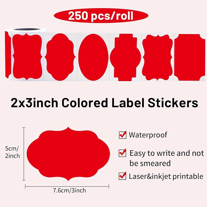 Red Labels - 250 PCS 3" x 2" Fancy Shape Stickers for Storage Box or Food Jars
