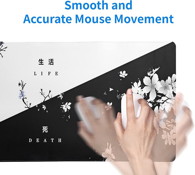 Black and White Japanese Cherry Blossom Gaming Mouse Pad Sakura Death Life Flower Mat 31.5x11.8 Inch Texture Non-Slip Rubber Base Mousepad Stitched Edges Keyboard Desk Pad for Office Home Game