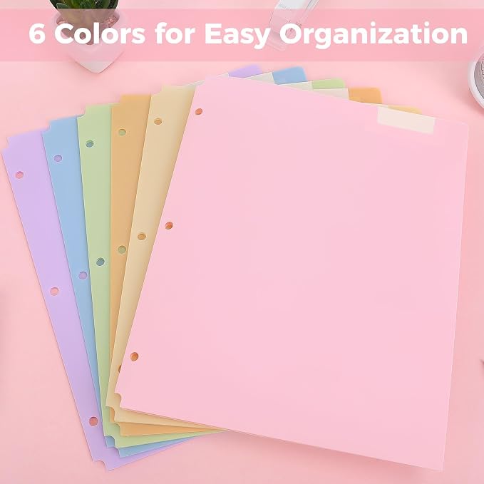 SKYDUE Plastic Folders with Pockets, 6 Pack File Folders with Tabs & Stay-Put Flaps, 3 Hole Punch 2 Pocket Folders for 3 Ring Binder, Letter Size Document Organizer for School Office, Sweet Pastels