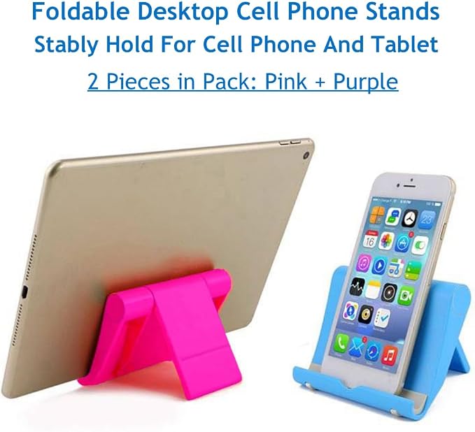 Cell Phone Stand for Desk 2 Pack Mobile Phone Holders Desktop Tablet Stand, Foldable Phone Dock Universal Adjustable Tablet Stand for Desk (Pink+Purple) | Foldable Adjustable Mobile Dock, Universal Tabletop Mount, Multi-Angle Desk Stand Compatible with...