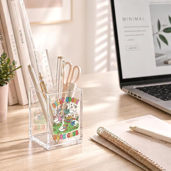 Funny Silly Goose Book Club Acrylic Pencil Holder Cup for Reader | Goose Bookmark Holder for Reader Bookish Bookworm Librarian Book Club, Desk Organizer Gifts for Teacher Geese Book Lover