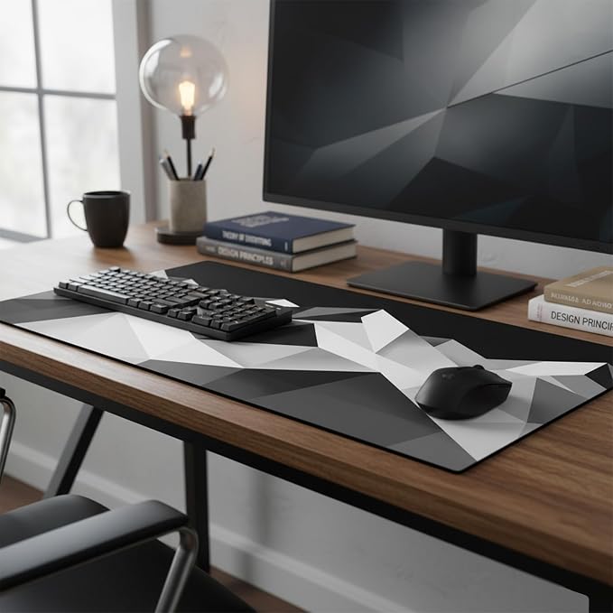 Large Gaming Mouse Pad (31.5x11.8in) - Black & White Geometric Mountain Landscape, Abstract Low Poly Design - Extended Desk Mat, Minimalist Monochrome Office Decor, Non-Slip Rubber Base