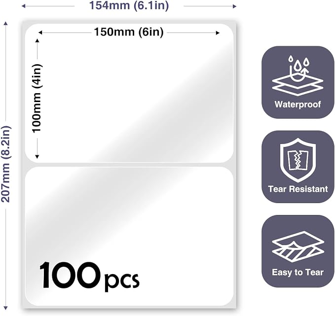 JIEHENG 100Pcs Clear Large Labels for Storage Bins,6x4 Inch Labels | Removable,Large Labels Strong Adhesive Tear Resistant No Residue for Blank Box