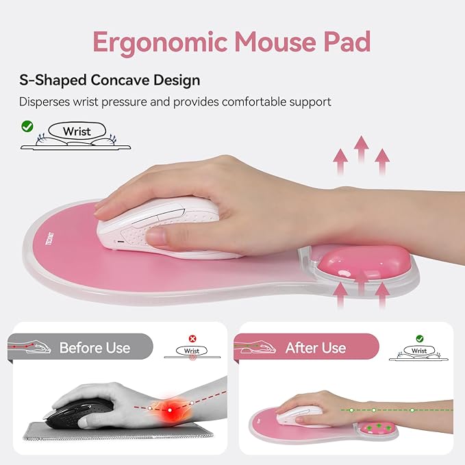 TECKNET Gel Ergonomic Mouse Pad, Mouse Pad with Wrist Rest with Gel Wrist Support for Relieve Wrist Pain Comfortably - Non-Slip Base & Waterproof Surface for Office, Gaming, and Study Comfort - Pink