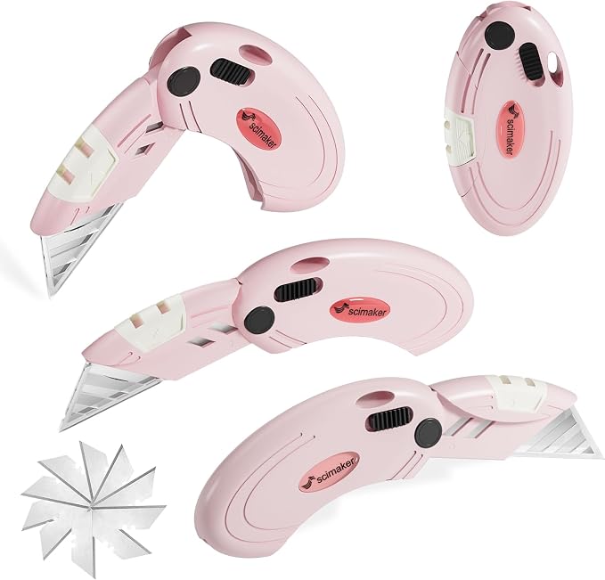 Pink Folding Box Cutter, Light Duty Utility Razor Knife | Package Opener Tool Back-lock Mechanism with Extra 10 Blades