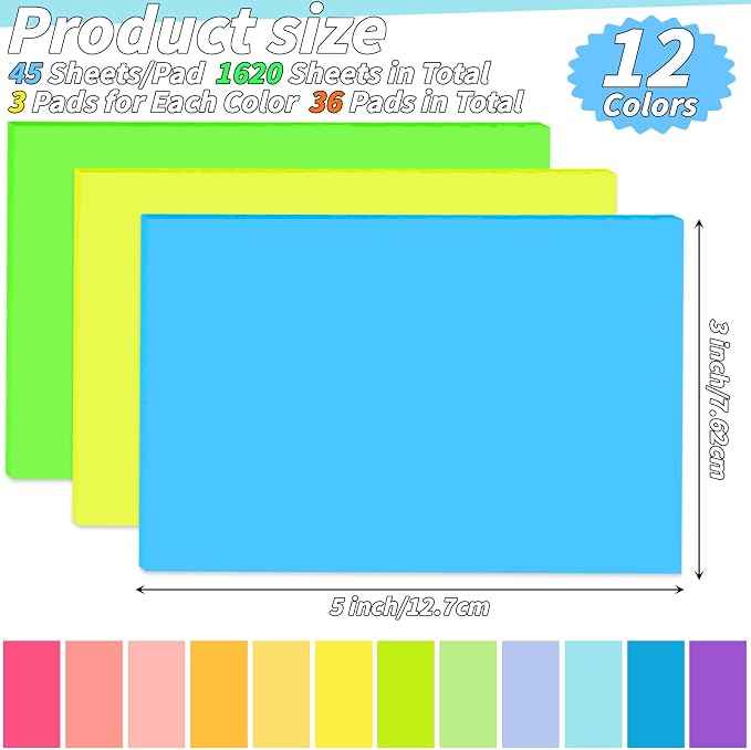 36 Pads Sticky Notes 3x5 Inch Bulk 12 Colors Memo Note Pads | 45 Sheets Per Pad, Self Stick Notes, Adhesive Paper, Office, School, Home, Meetings, To Do Lists, Notebook Notes