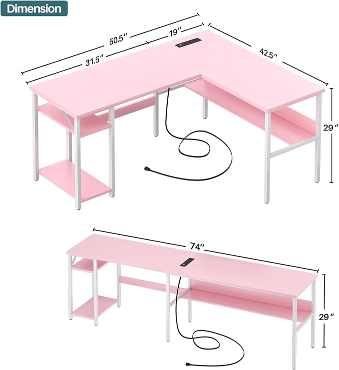 Unikito Reversible L Shaped Desk with Magic Power Outlets and USB Charging Ports, Sturdy Corner Computer Desk with Storage Shelves, Gaming Table Home Office Desk, Easy to Assemble, Pink