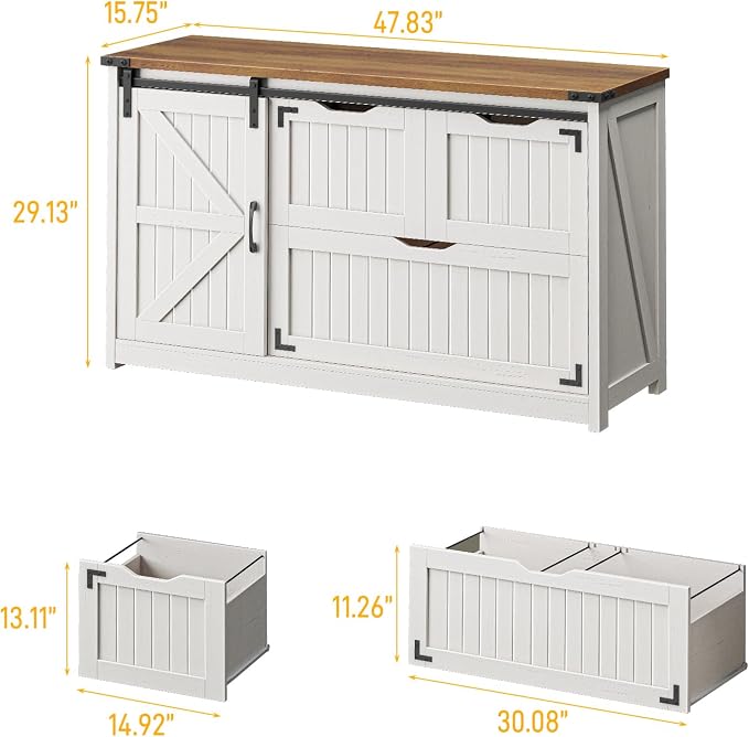 Halitaa 47.8” Farmhouse File Cabinet with Sliding Barn Door, Off White | Lateral Filing Storage Cabinets with Adjustable Shelf, 3 Drawers,Office Printer Stand for Hanging Files Letter/Legal/A4/F4