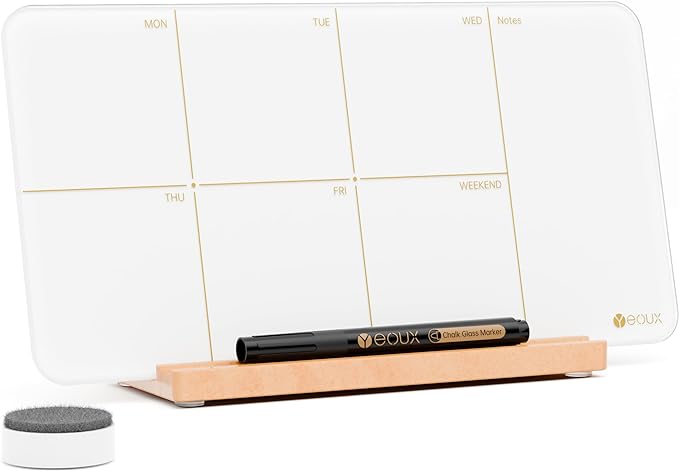 Desktop Glass Weekly Planner Whiteboard with Detachable Wood Stand,Small Portable Dry Erase Calendar to Do List White Board 12x6" for Office, Home, Schools, Marker&Eraser Included, Yeoux