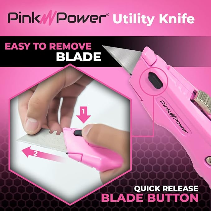 Pink Power Box Cutter Retractable, Pink Utility Knife for Carpet, Cute Box Cutter Knife Heavy Duty with 3 Blades and Storage Compartment - Opener Pocket Utility Tools for Women (5)