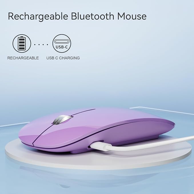 TENMOS M18 Bluetooth Mouse, USB C Rechargeable Wireless Mouse,Silent-Purple | Tri-Mode BT5.1/5.0+2.4G, Quiet Click, Portable, Battery Level Visible, USB Receiver,Type C Adapter, for Laptop/MacBook/iPad