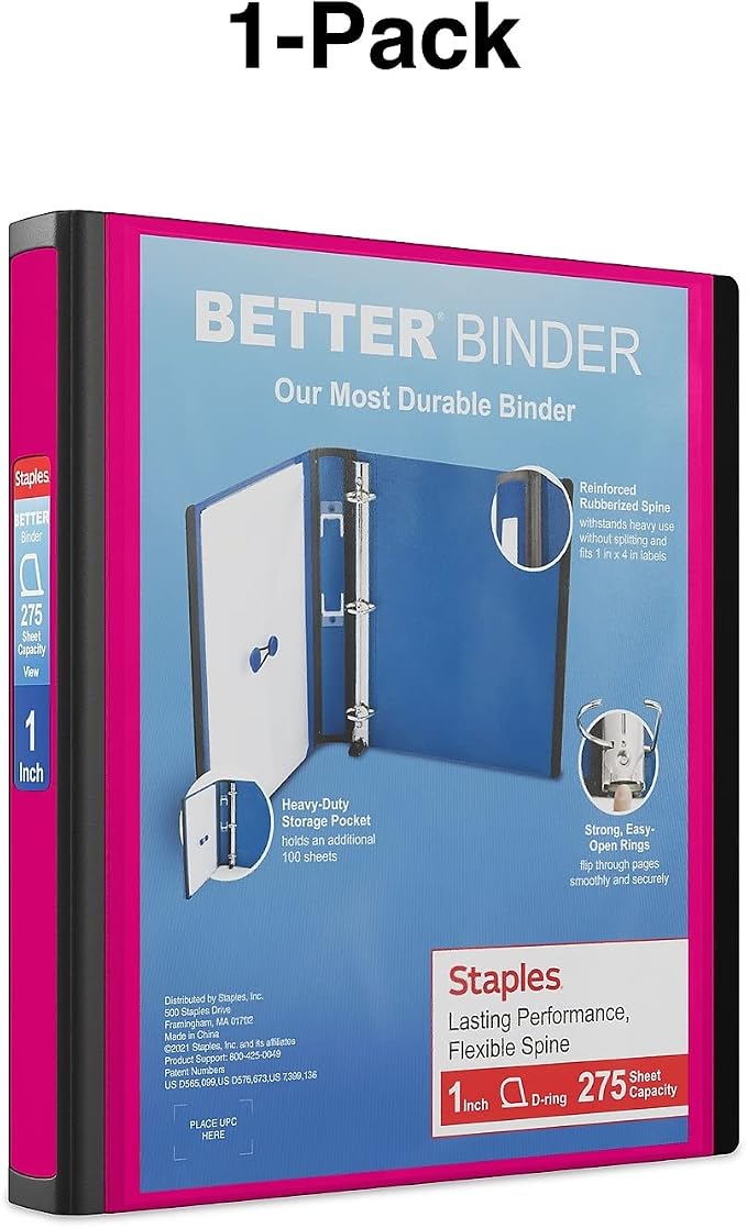 Staples Better Binder, 1-Inch 3‑Ring View Binder, Durable D‑Ring, Pink, Heavy‑Duty, Holds 275 Sheets, School & Office Organization, 3‑Pack