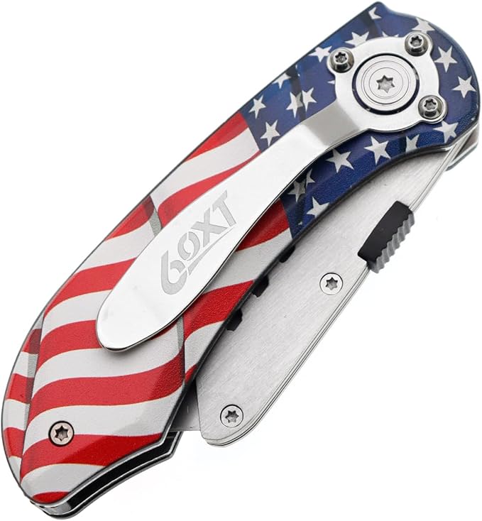Utility Knife Folding Safety Lock Quick Change with 10 Extra SK5 Replacement Blade Lightweight Aluminum Handle & Pocket Clip Multi-Use Box Cutter Office Home Art Diy Great Gift Choice (New.Flag)