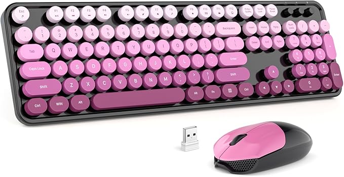 MOFII Wireless Keyboard and Mouse Combo, 2.4GHz Retro Typewriter Keyboard Full Size, Cute Wireless Mice, USB Dongle Plug and Play, for Laptop, PC, Desktop, Windows (Black Pink Gradient Color)