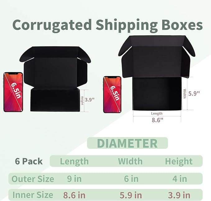 Rempry 6 Pack 9x6x4 Black Shipping Boxes, Small Cardboard Mailer Boxes for Small Business Shipping Packaging