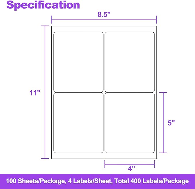 4" x 5" Shipping Labels – 100 Sheets, 400 Labels – 4 Per Page – Compatible with Laser & Inkjet Printers – Permanent Adhesive Address Labels for Shipping, Mailing & Organization
