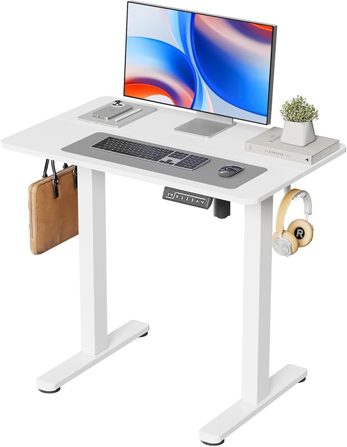 Small Standing Desk, 32" ×20" Electric White Standing Desk, Height Adjustable Compact Sit Stand Workstation with Splice Board, Home Office Desk with 2 Hooks
