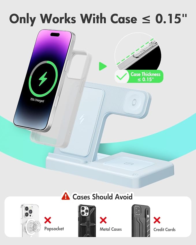 GETPALS Wireless Charger iPhone Charging Station for Apple Multiple Devices | 3 in 1 Charger Stand for iPhone 17 Pro Max 17e 16 16e 15 14 13 12 & Watch Series 11-2 SE Ultra & Airpods 4 3 Pro, Blue
