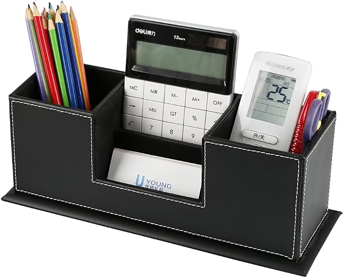 KINGFOM™ Double Holder Leather Multi-Function Desk Stationery Organizer Pen Pencil Holder Black