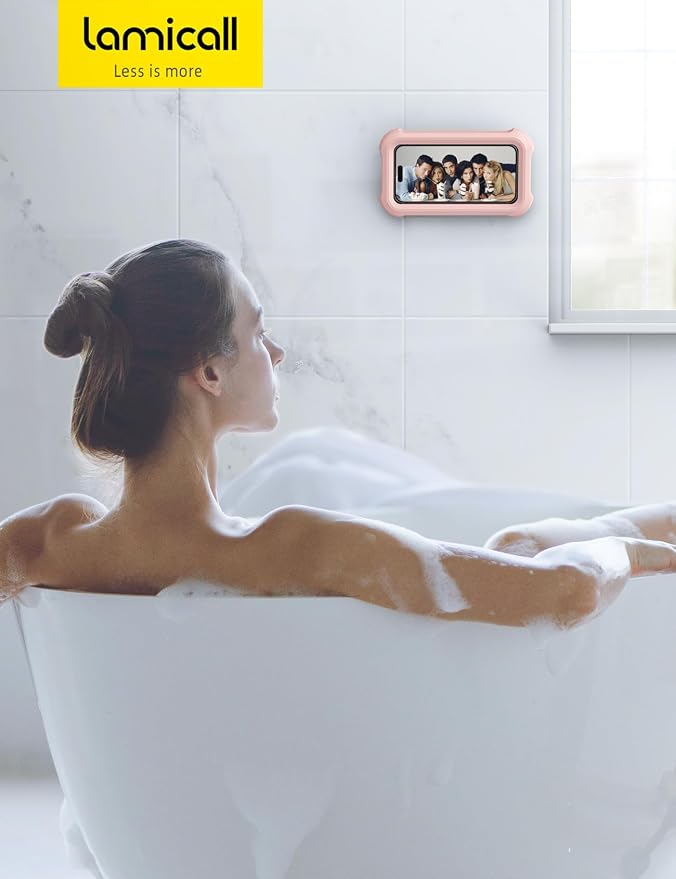 Lamicall Pink Waterproof Shower Phone Case Holder, 2-in-1 Wall Mount Stand | Women Girls Gift Gadget, Bathroom Wall Mount, Shower Walls & Surrounds Accessories for School Dorm College, for 4-7" Phones
