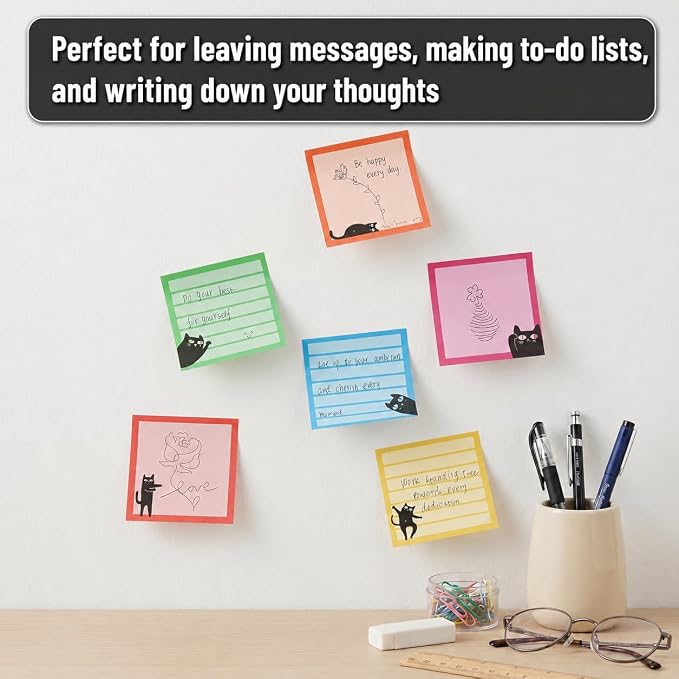 Mr. Pen- Black Cat Sticky Notes Set, 3" x 3", 6 Pads, 480 Sheets | Black Cat Sticky Notes, Memo Pads, Self-Stick Note Pad for Office, School, Home, Study & Organization