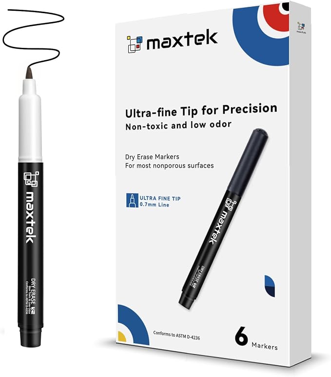maxtek Black Dry Erase Markers Ultra Fine Tip, 0.7mm, 6 Count | Low Odor, Extra Fine Point, For Planning Whiteboard, Calendar Boards, For School Supplies