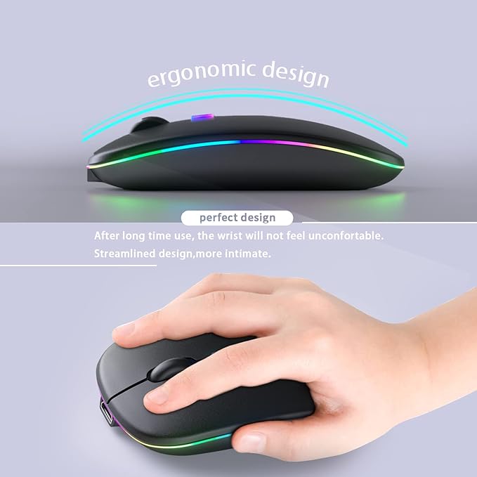 Wireless Bluetooth Mouse – Rechargeable, Silent, Dual Mode (Bluetooth 5.2 & USB) with LED Lights – Portable for Laptop, Desktop, & Tablet(Black)
