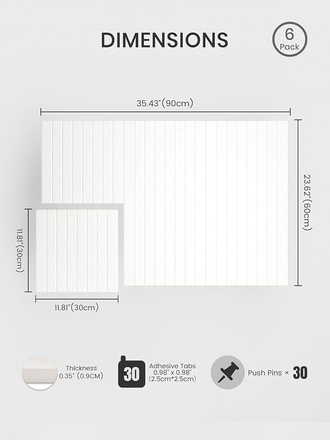 Bumusty 36"x 24" Large Felt Bulletin Board Tiles,Milky White | 6-Pack Cork Board Alternative, Wall Decor, 30 Pushpins, 30 Adhesive Tabs, Vision Board, Office, Classroom, Home, Dorm