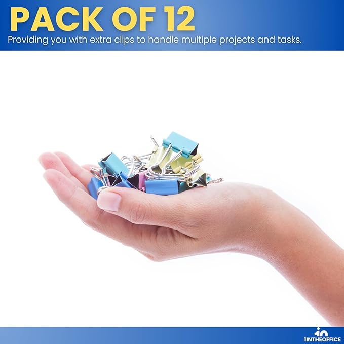 1InTheOffice Large Binder Clips Colored, 2" Size with 1" Capacity -12 Clips