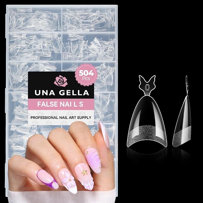 UNA GELLA Gel Nail Tips Almond Shape: 504pcs Half Cover Pre-Etched | Medium Almond Nail Tips Upgrade Soft Gel Matte Design for DIY Press On Nails Acrylic False Nails Tips 12 Sizes